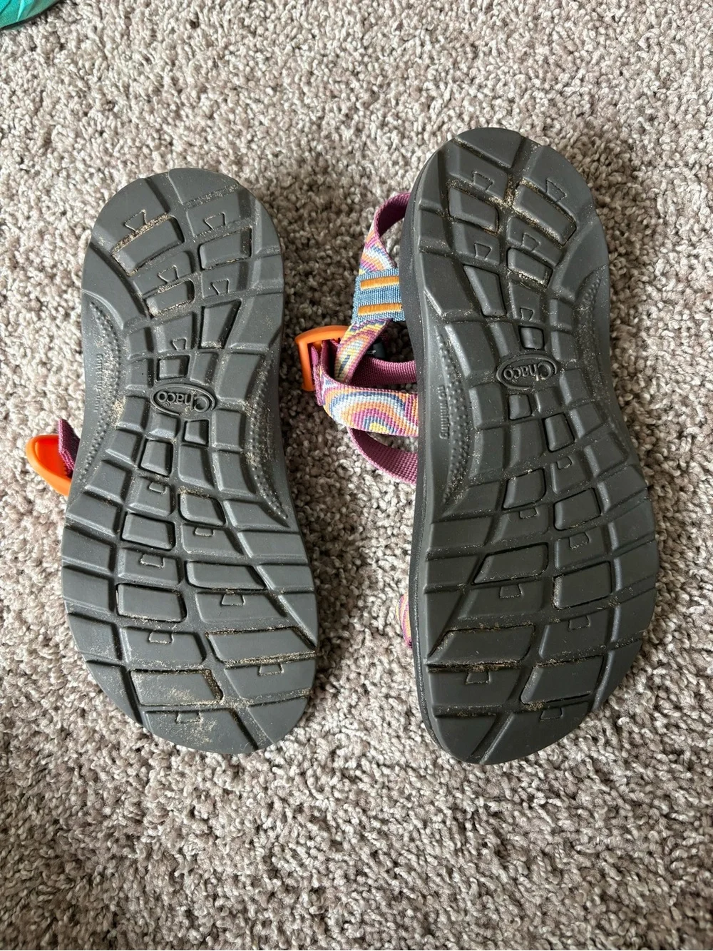 Chaco Kids Gray Footbed Sandals with Pink Multicolor Straps and Orange Buckles